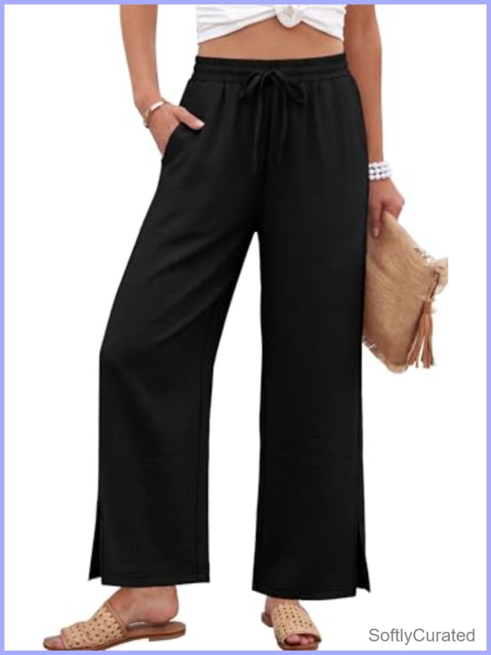 Wide Leg Palazzo Pants Elastic Waist Loose Flowy Trousers with Pockets